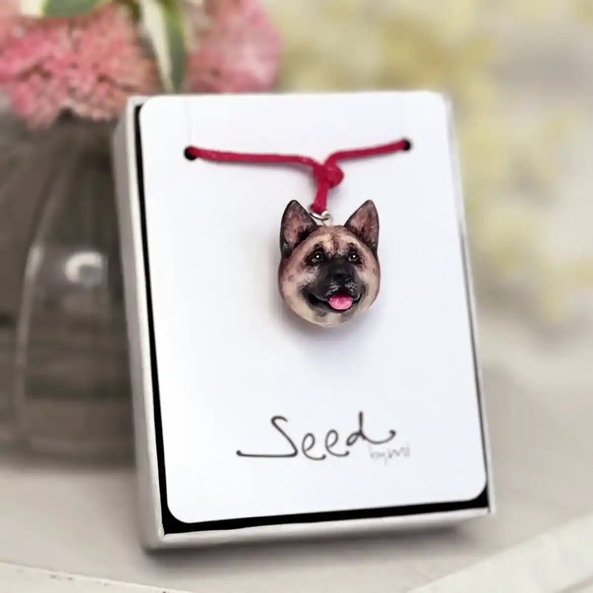 3D resin American Akita pendant necklace in Red Pinto with Black Mask, hand-painted with UV protective finish