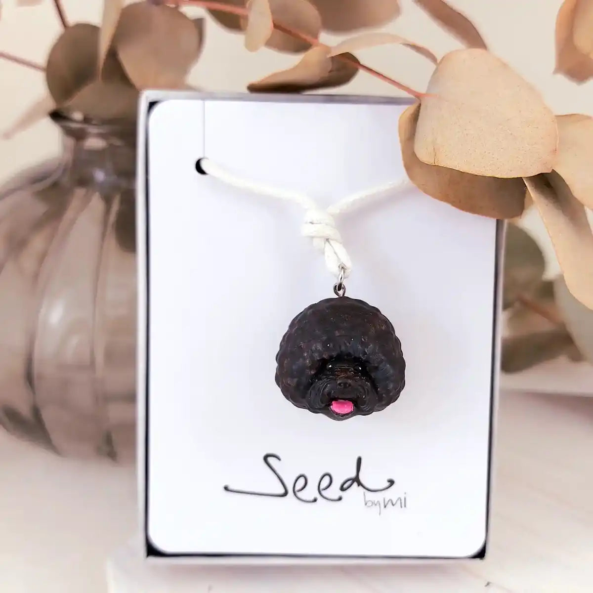 Bichon Poodle black pendant necklace package display
