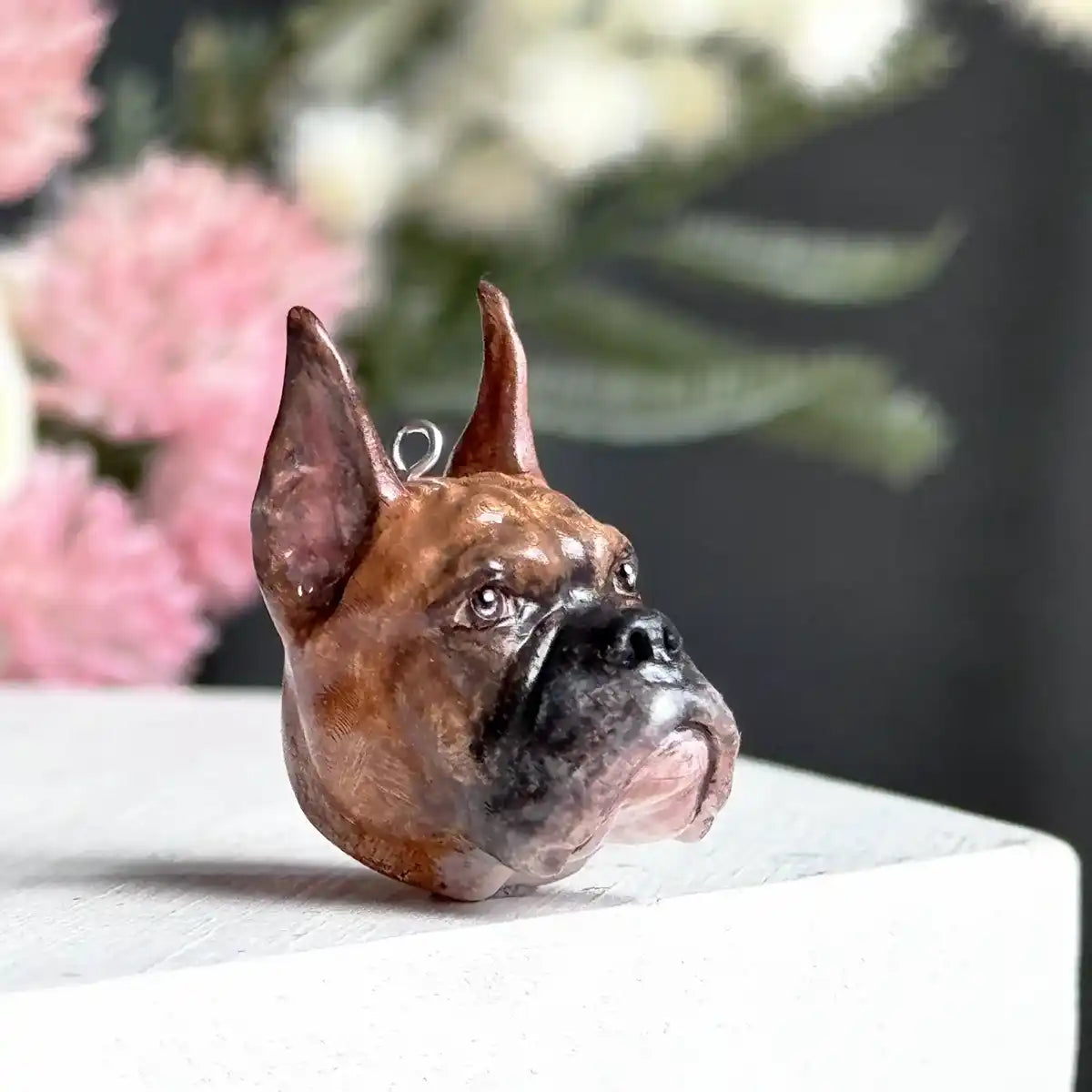 Boxer dog necklace Pendant Classic Fawn Black Mask Cropped Ears three quarter view