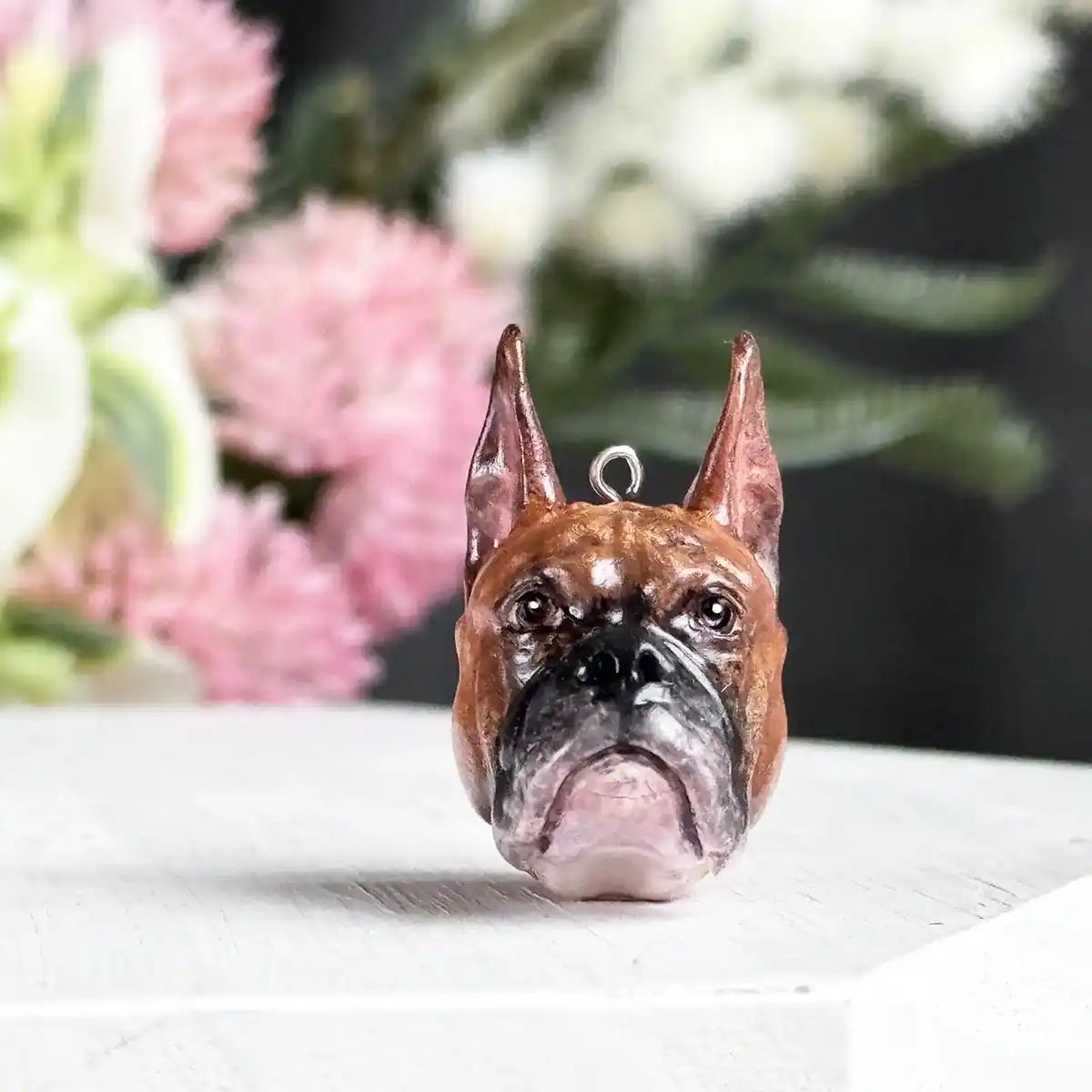 Boxer dog necklace Pendant Classic Fawn Black Mask Cropped Ears front view