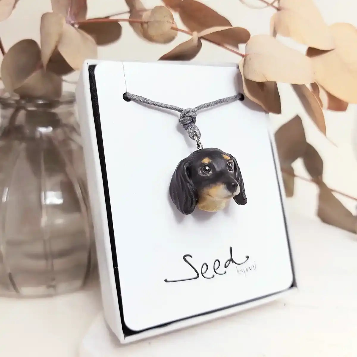 Black & Tan Dachshund sausage resin pendant necklace with cotton cord