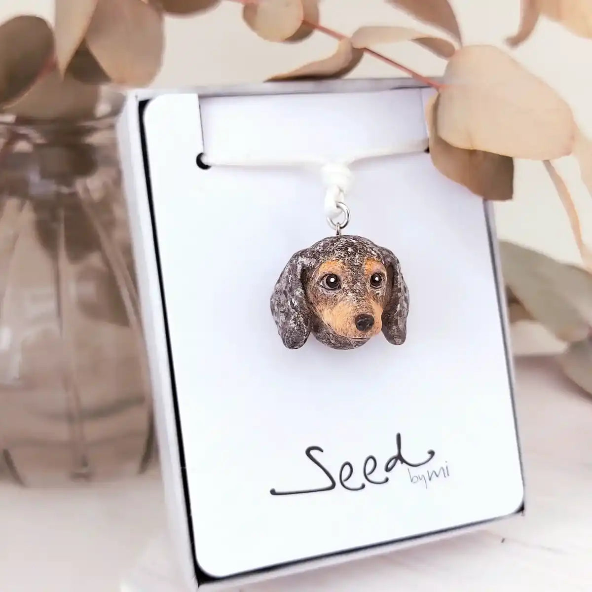 Hand-painted dapple dachshund sausage pendant necklace on adjustable cord