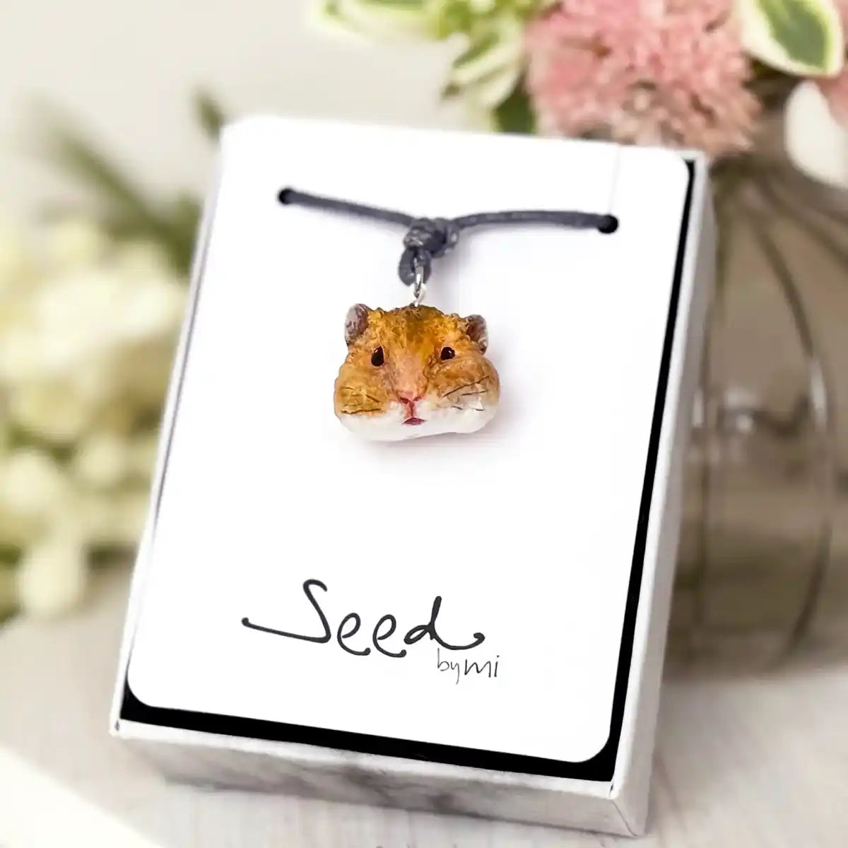 Golden hamster 3D pendant necklace – handcrafted resin pet keepsake on cotton cord