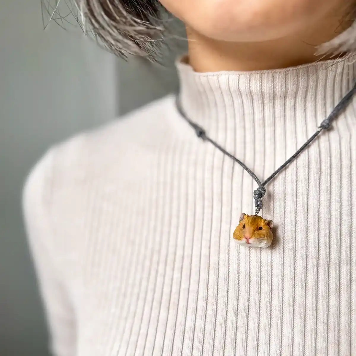Golden hamster 3D pendant necklace – handcrafted resin pet keepsake on cotton cord wearing