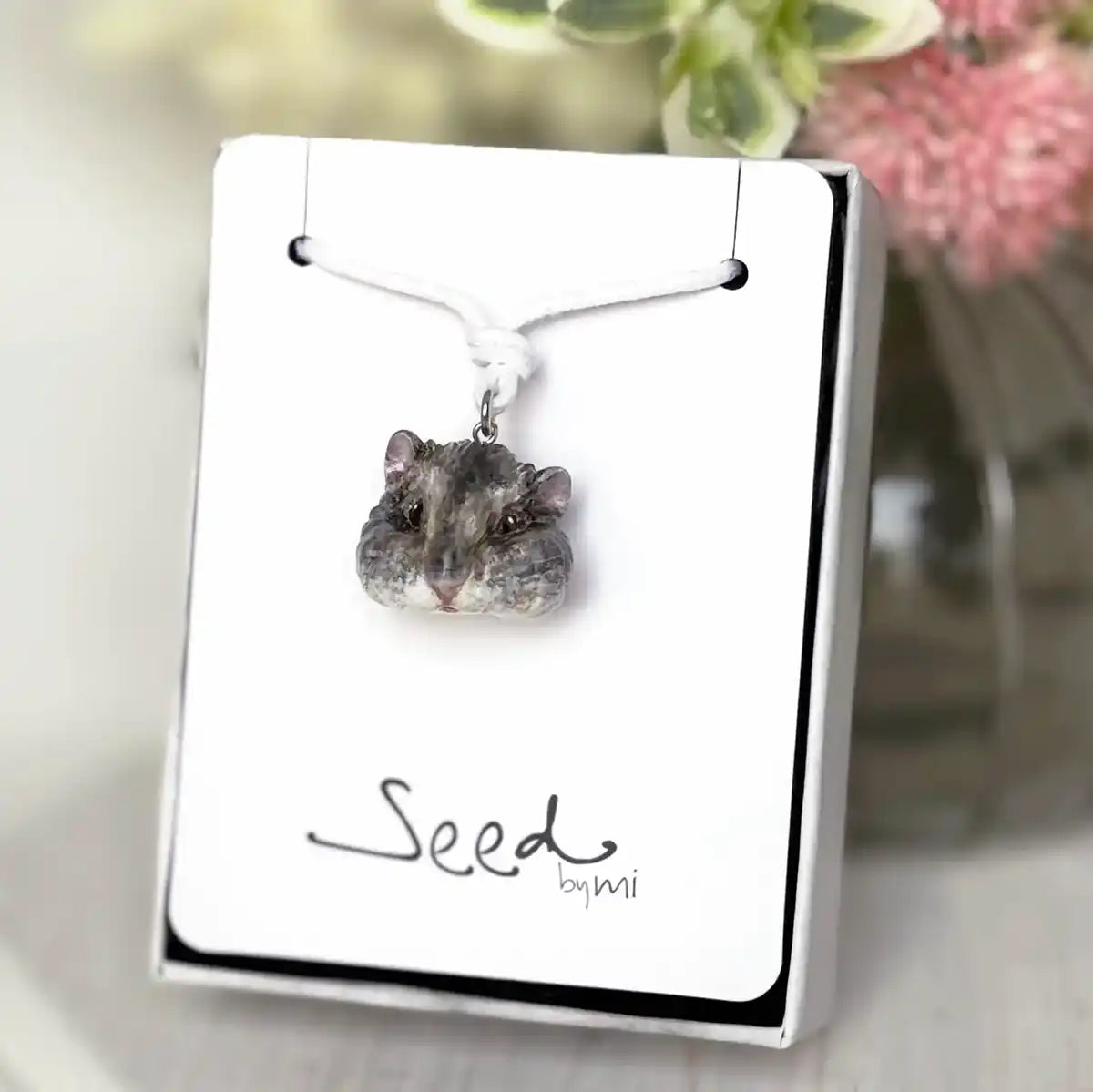 Grey & White hamster 3D resin pendant necklace – hand-painted pet charm with cotton cord