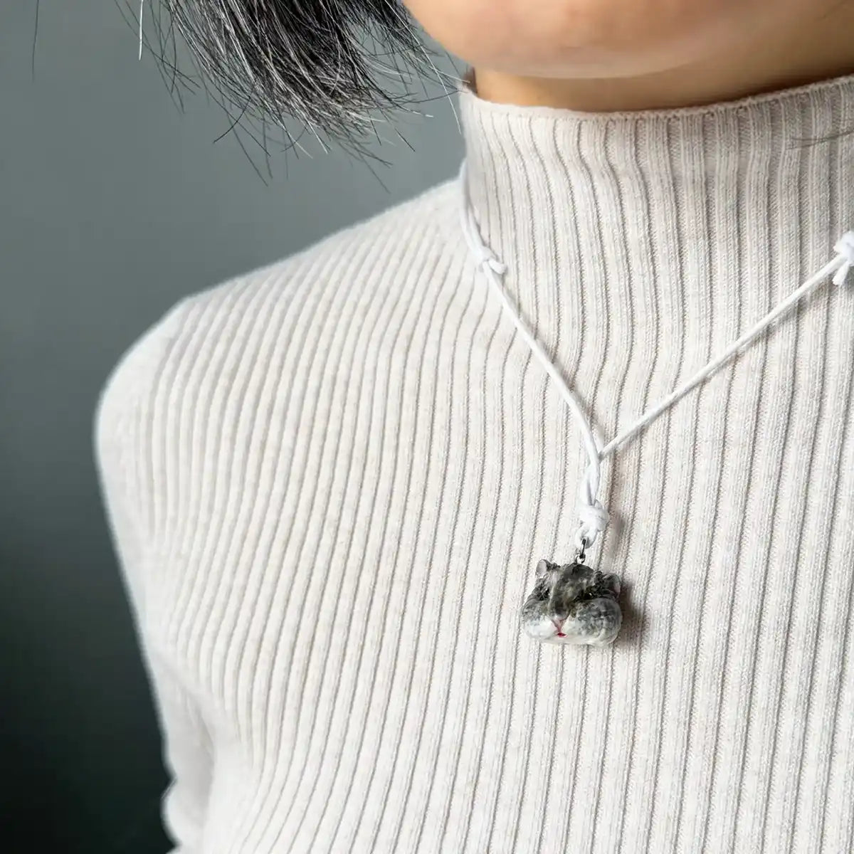 Grey & White hamster 3D resin pendant necklace – hand-painted pet charm with cotton cord wearing