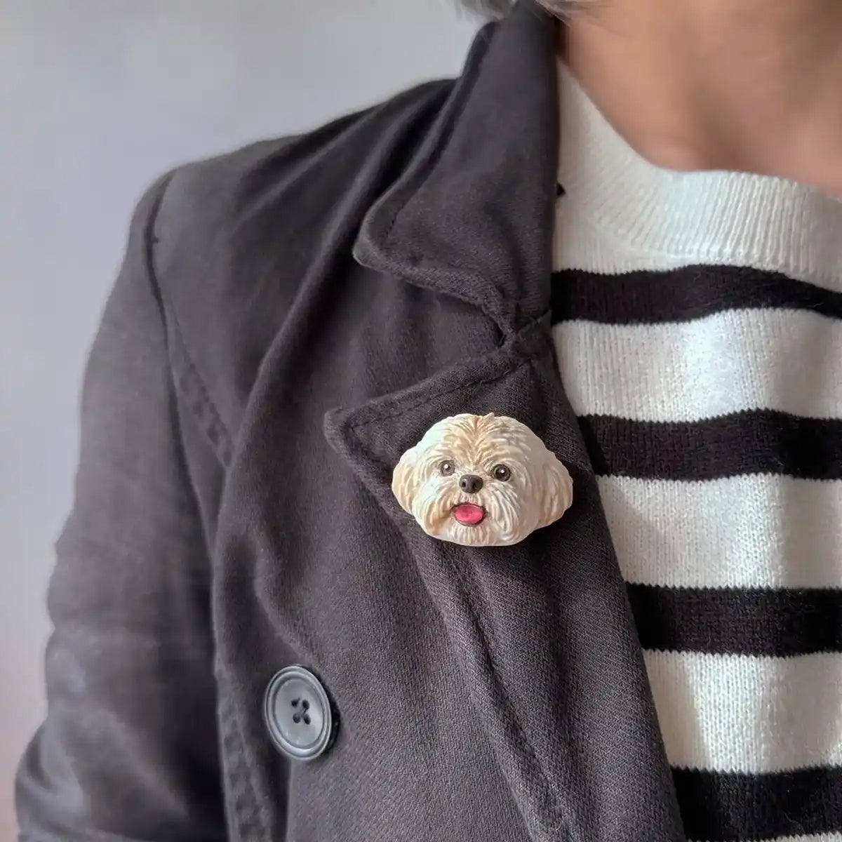 Large hand-painted white Shih Tzu resin brooch with UV protection, ideal gift for dog lovers