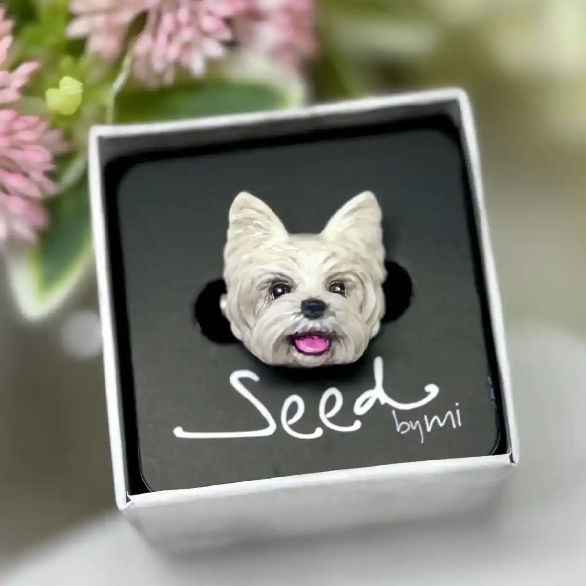 Golden Yorkshire Terrier resin brooch, hand-painted with lifelike detail and UV-protective glossy finish