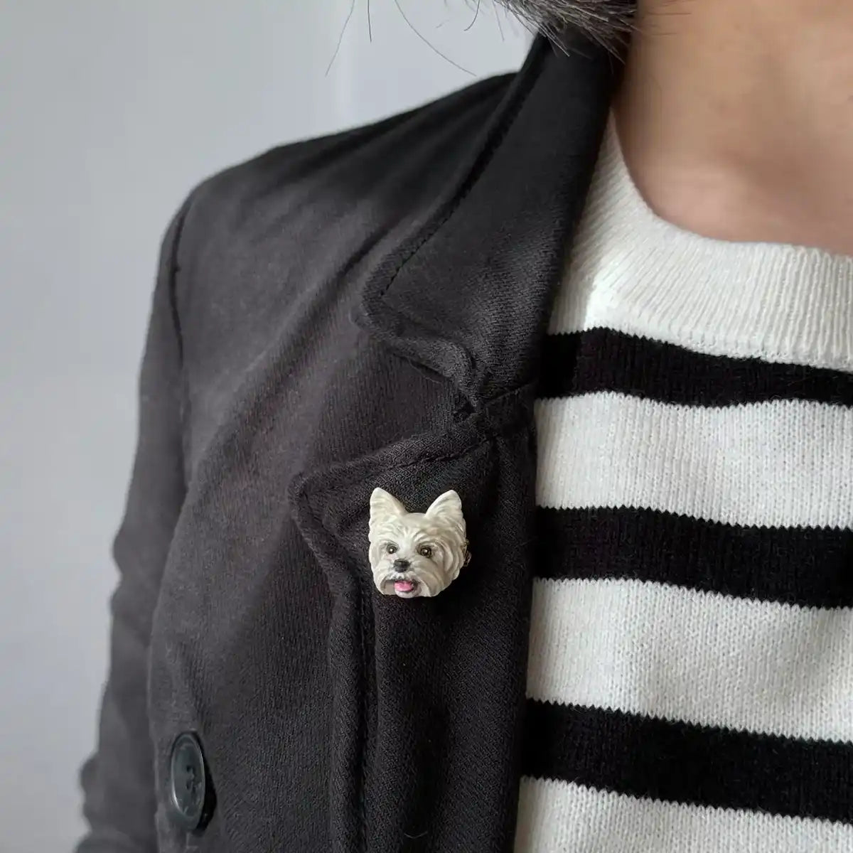 Golden Yorkshire Terrier resin brooch, hand-painted with lifelike detail and UV-protective glossy finish wearing