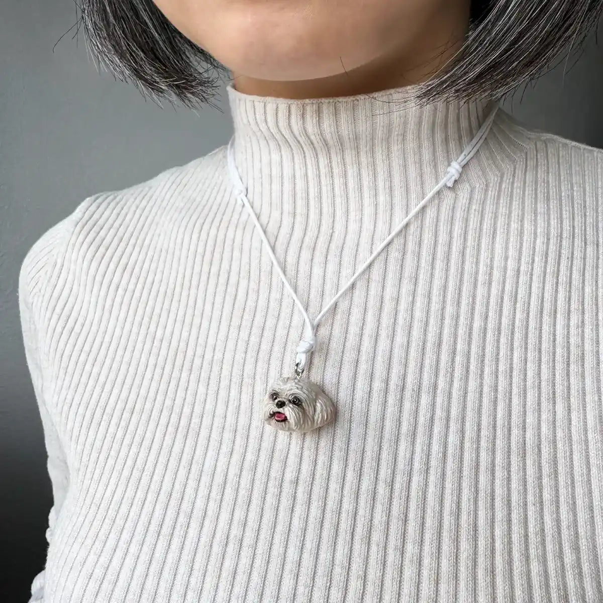 White Shih Tzu dog resin pendant necklace, hand-painted with adjustable cotton cord wearing