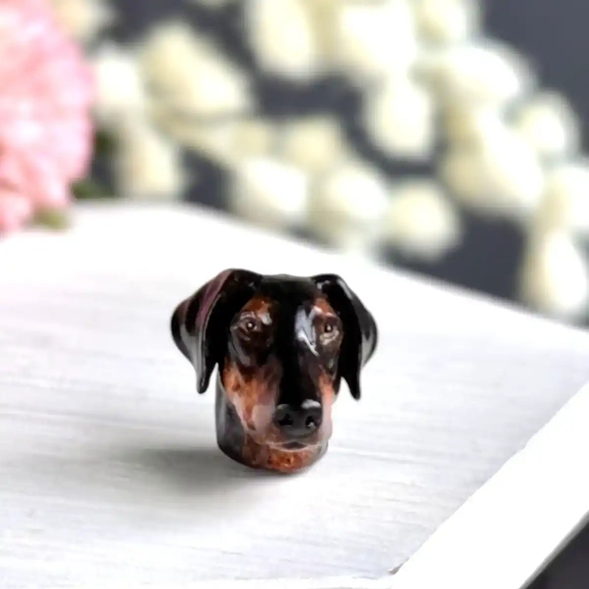 Black & Brown Doberman folded ear pendant – hand-painted resin dog charm with adjustable cord