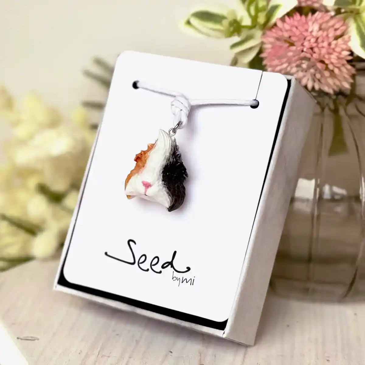 Lifelike tri-colour Abyssinian guinea pig pendant necklace on adjustable cord