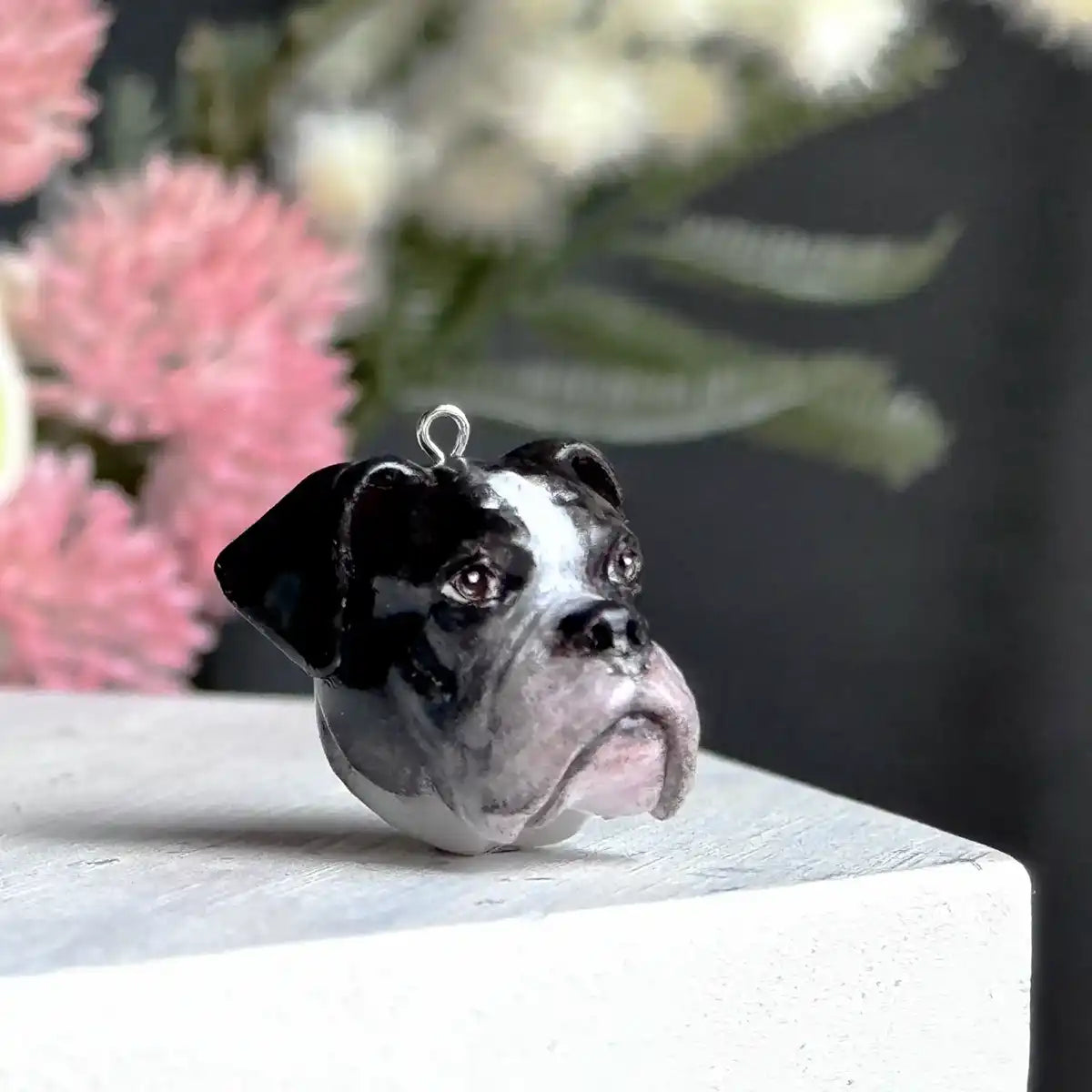 Boxer dog necklace Pendant Black White Floppy Ears three quarter view