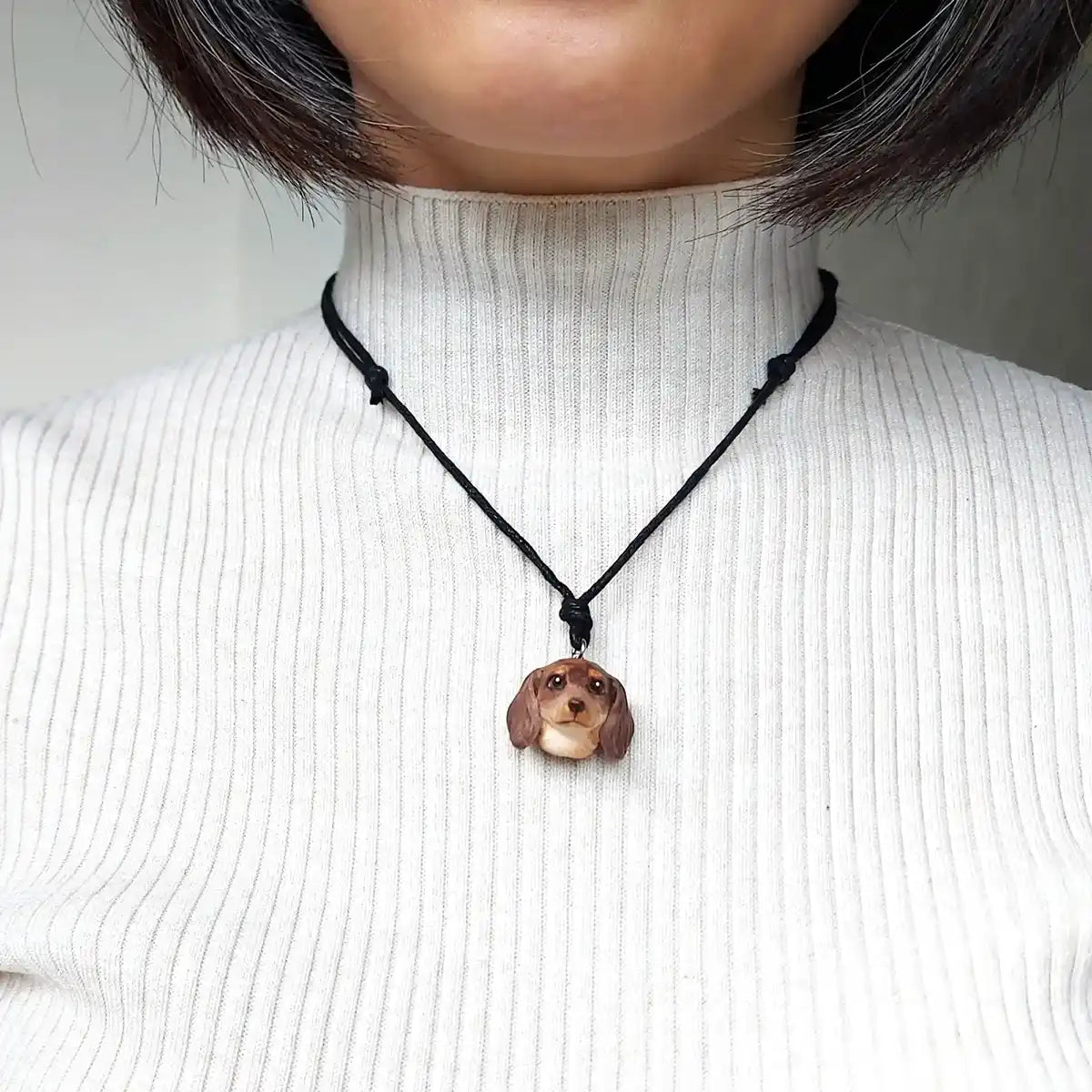Dachshund sausage dog shaded red pendant necklace wearing