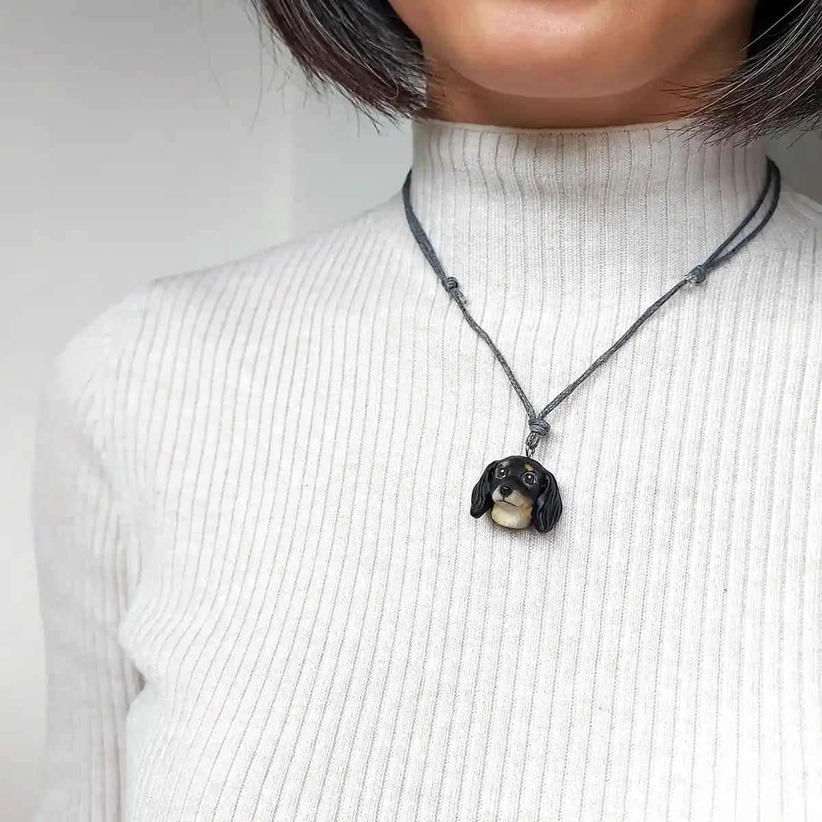 Dachshund sausage dog black tan pendant necklace wearing