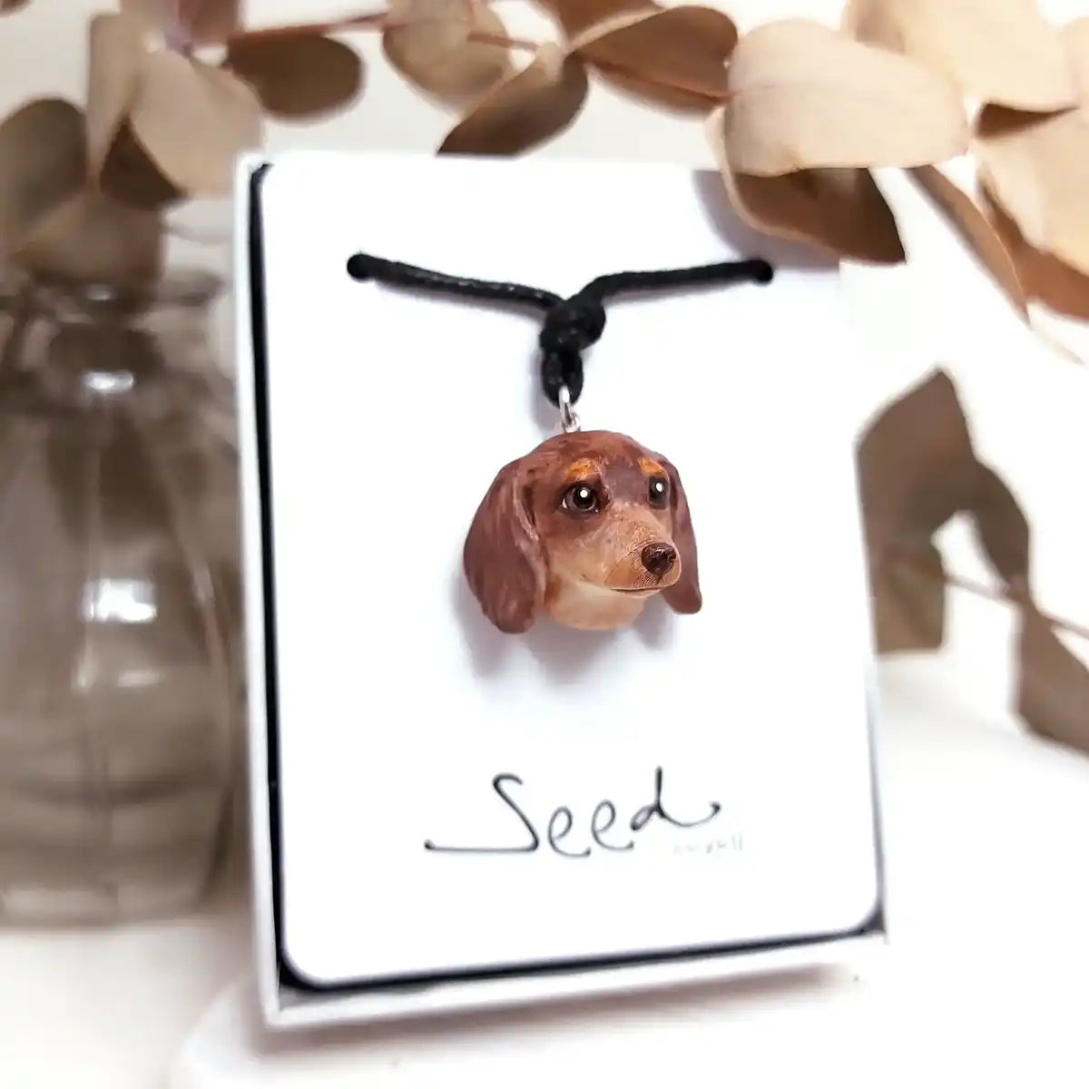 Dachshund sausage dog shaded red pendant necklace package display