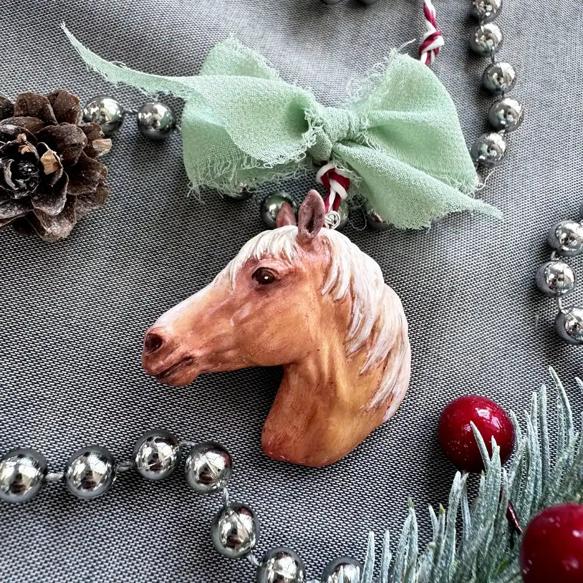 Horse Christmas tree ornament Fawn Red with White hair