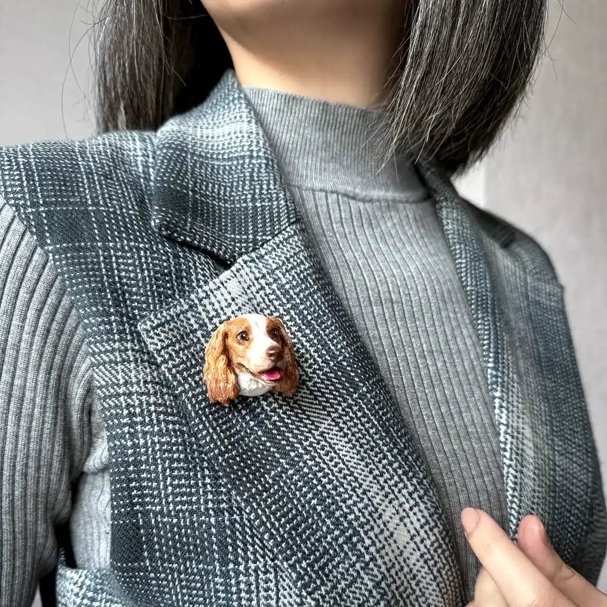 English Springer Spaniel dog Large Brooch Orange White wearing