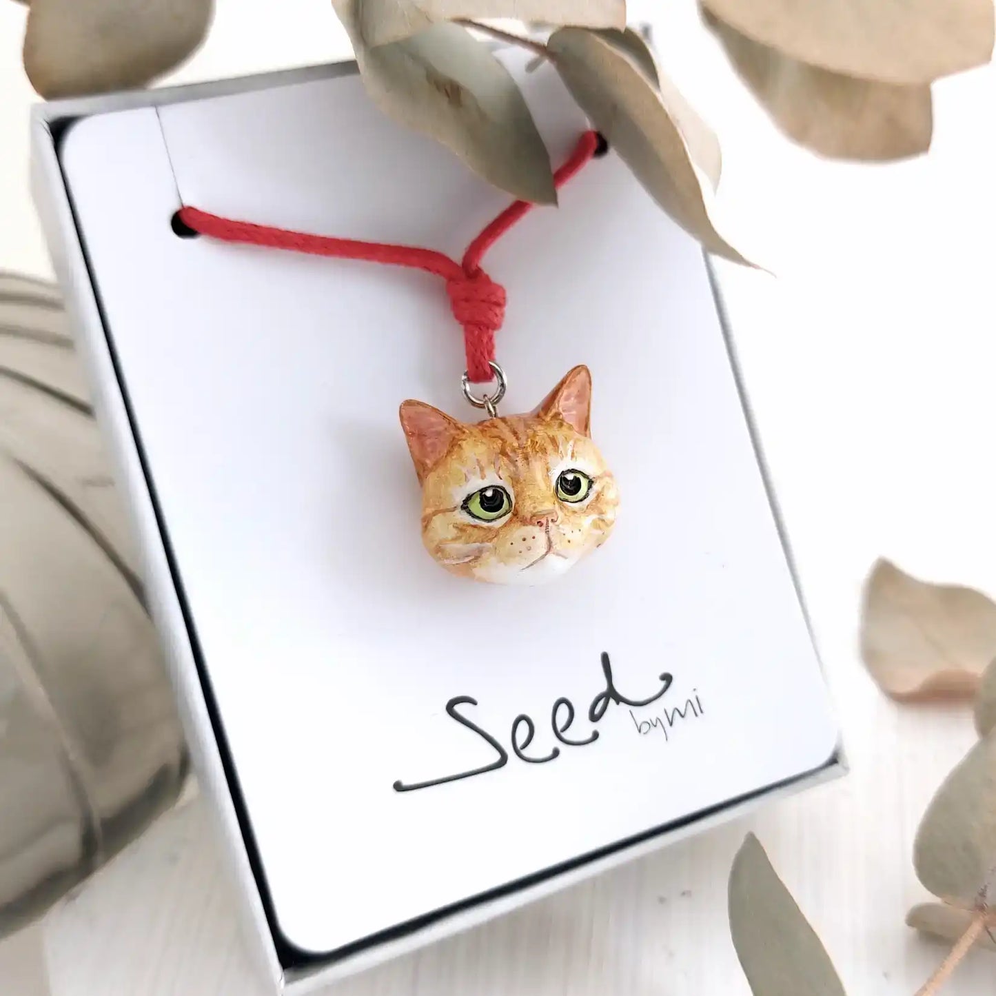 cat domestic diamond shape ginger pendant in box