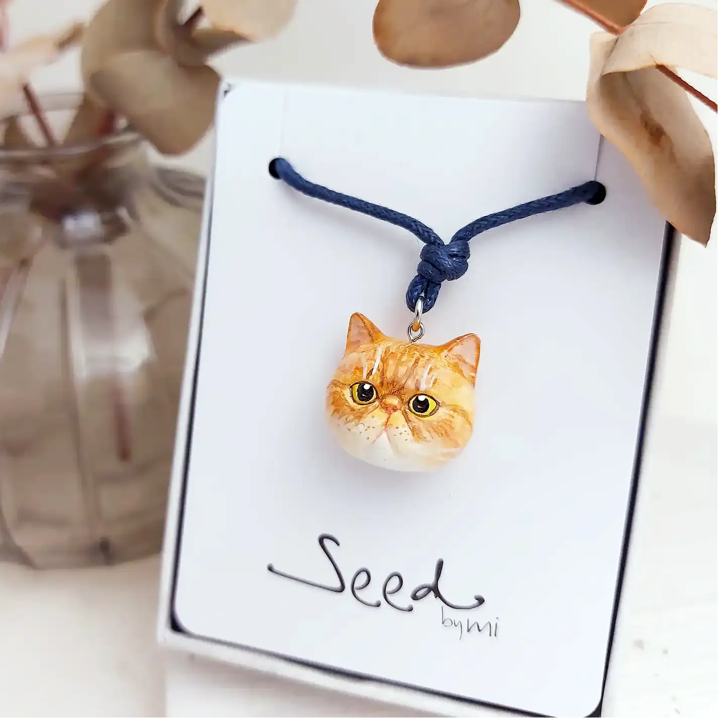 cat exotic shorthair ginger pendant necklace package display