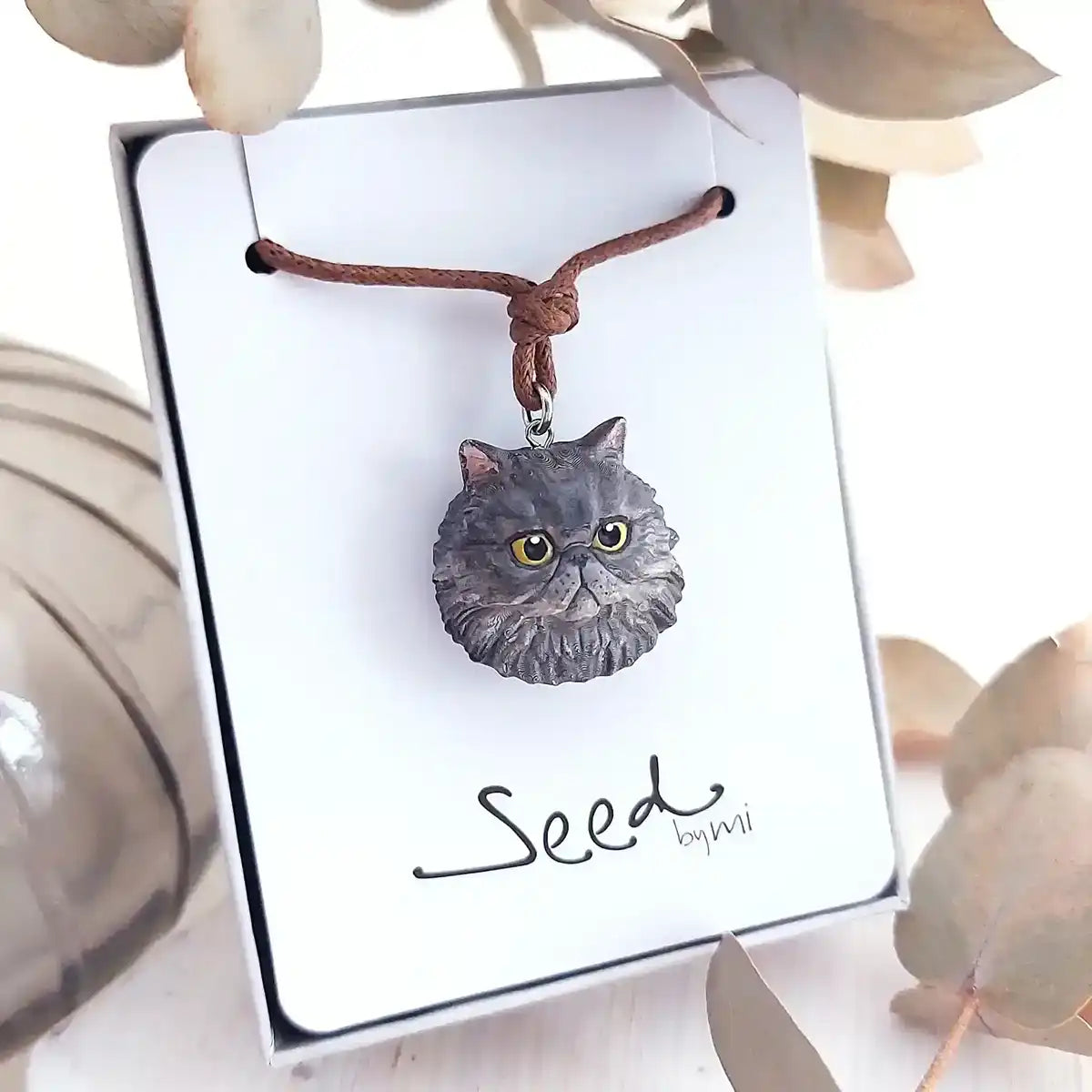 cat persian blue pendant necklace package display
