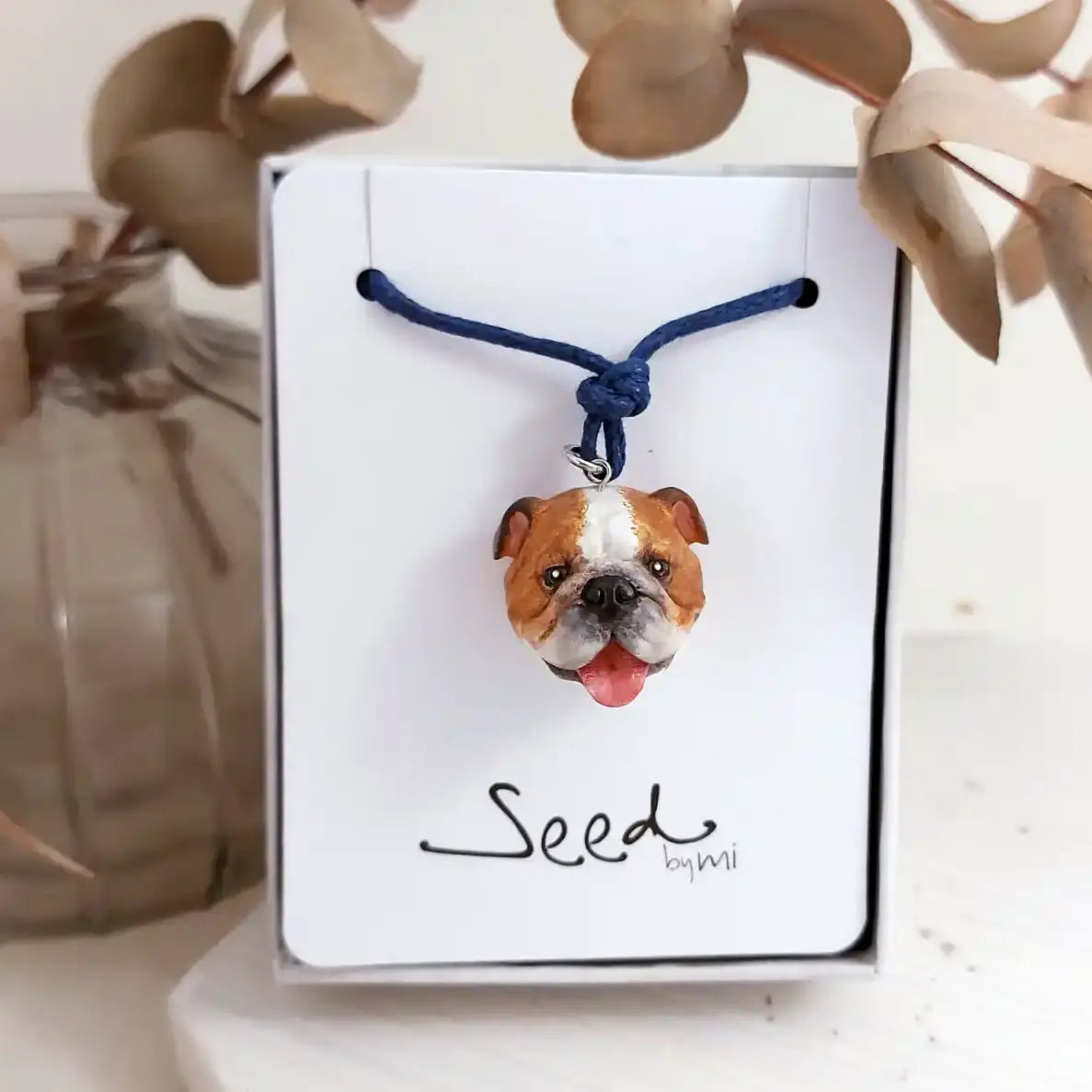 dog English bulldog red white pendant necklace package display