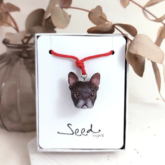 dog French bulldog black pendant necklace package display
