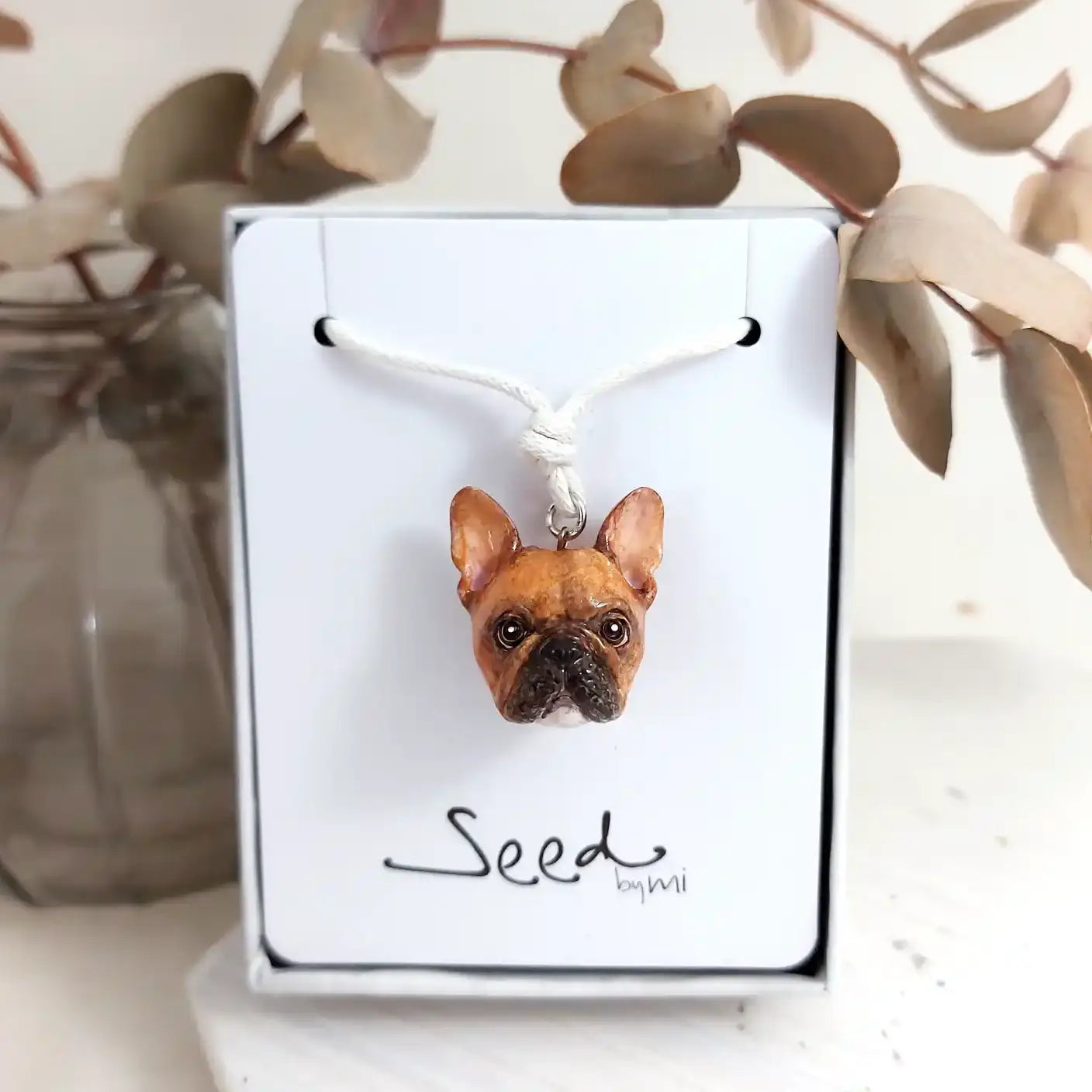 dog French bulldog fawn pendant necklace package display