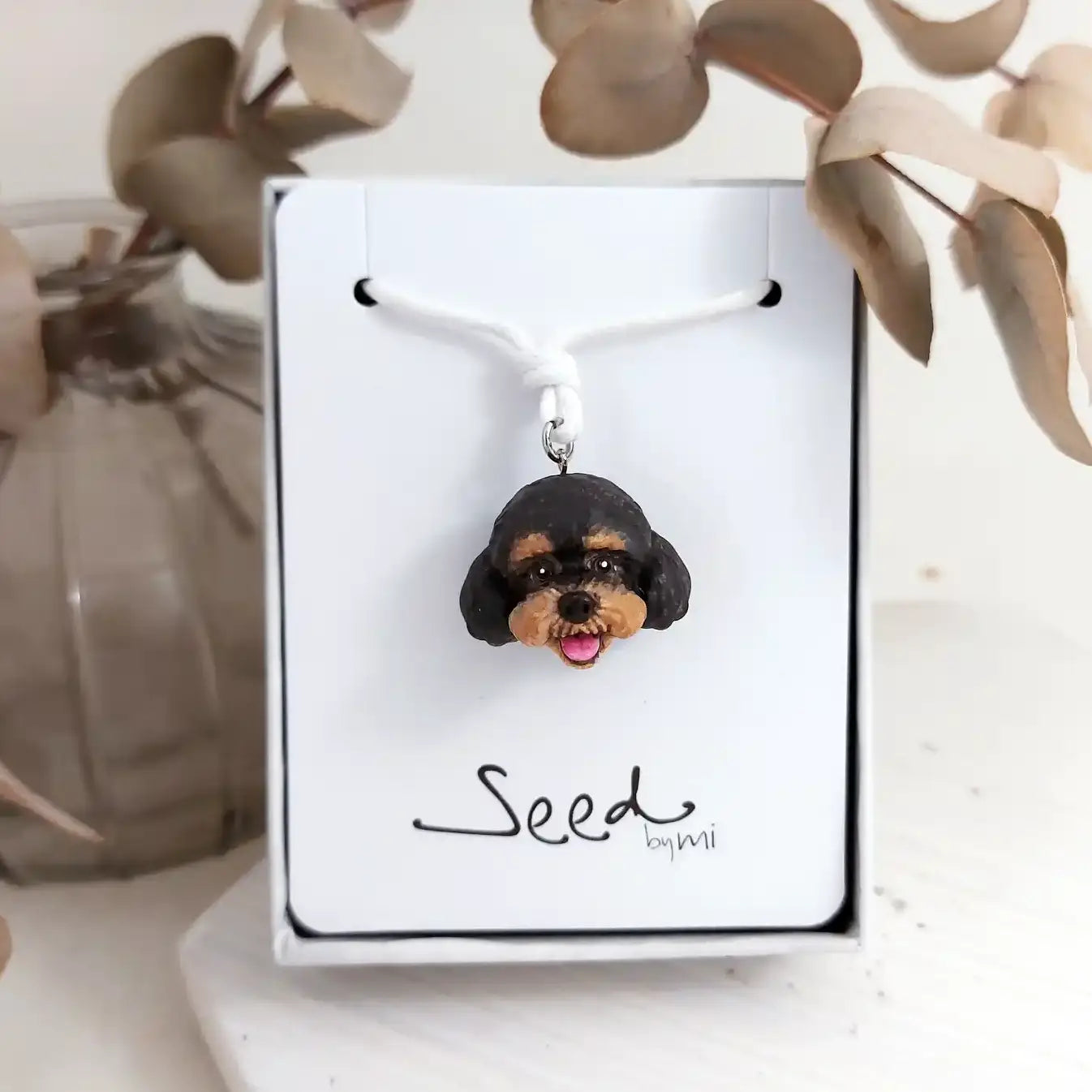 dog poodle black tan pendant necklace package display