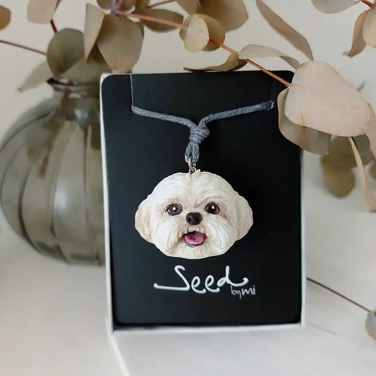 Large white Shih Tzu dog necklace in resin, detailed and hand-painted with UV protection coat