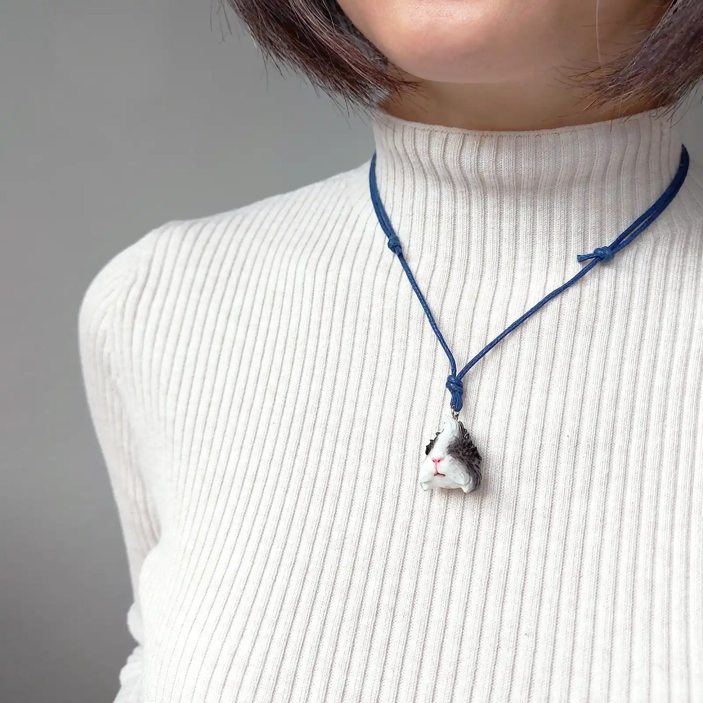 Abyssinian Guinea Pig Pendant necklace | Grey & White