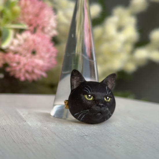 American Shorthair cat brooch with green eyes and grumpy expression turn table
