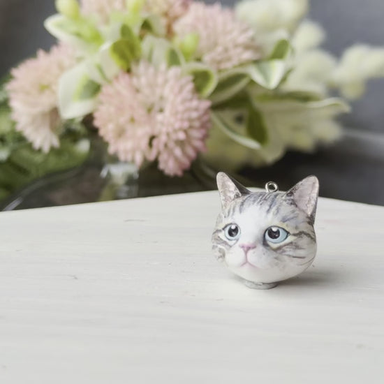 cat domestic shorthair tabby silver white diamond pendant turn table